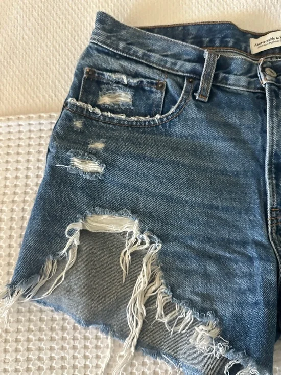 Abercrombie and Fitch Distressed High-Rise Denim Shorts - Blue - Picture 4 of 5
